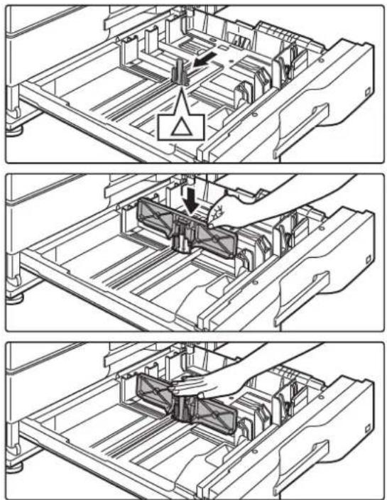 Three-step diagram showing a hand operating a mechanical component in a rack, with no visible text or symbols.
