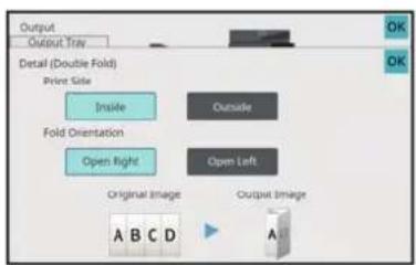 Output Tray Detail (Double Fold). Print Side: Inside/Outside. Fold Orientation: Open Right/Open Left. Original Image, Output Image: A B C D.