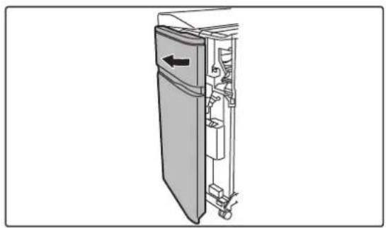 Diagram of a refrigerator with doors open and internal compartments.