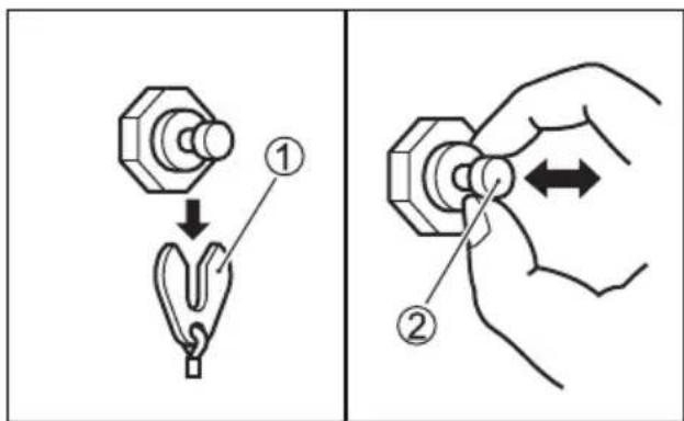 Technical diagram showing two-step installation of a mechanical component, labeled with step ① and step ②.