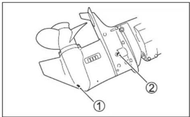 Technical diagram of a mechanical device with labeled parts ① and ②