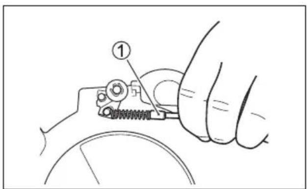 Technical diagram showing a hand using a tool to adjust or install a mechanical component, labeled with number 1.