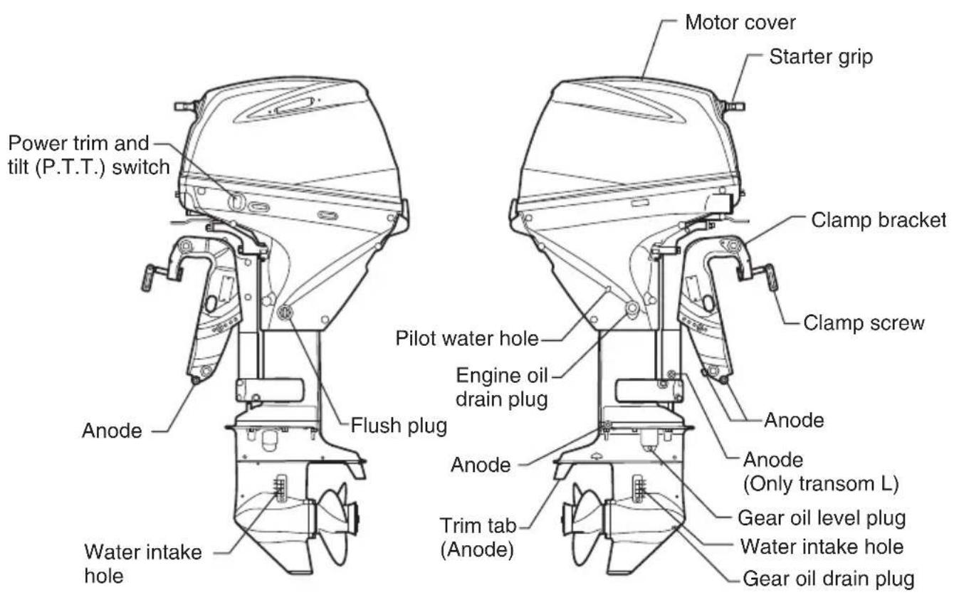 Power trim and tilt (P.T.T.) switch Anode Flush plug Water intake hole Motor cover Starter grip Clamp bracket Clamp screw Pilot water hole Engine oil drain plug Anode Trim tab (Anode) Gear oil level plug Water intake hole Gear oil drain plug Anode Anode (Only transom L)