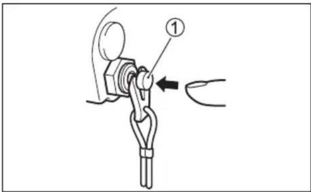Diagram showing a mechanical clamp or hook assembly with labeled component 1 and directional arrow