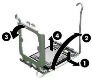 Diagram of a mechanical assembly with numbered components and directional arrows indicating motion or assembly steps.