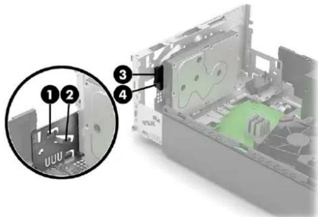 Diagram showing a computer setup with numbered components, including an inset close-up of a CD drive and a highlighted internal device.