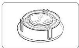 Technical line drawing of a circular mechanical component with internal components and mounting feet (no text or symbols)
