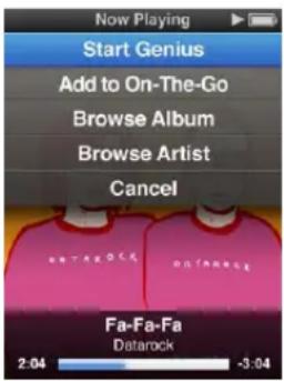 Now Playing, Start Genius, Add to On-The-Go, Browse Album, Browse Artist, Cancel, Fa-Fa-Fa, Datarock, 2:04 -3:04