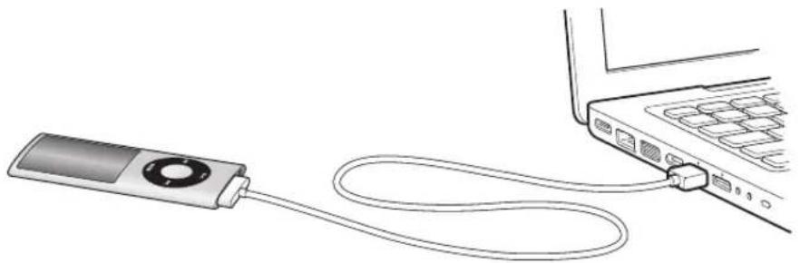 Illustration of a music player connected to a laptop via cable (no text or symbols)