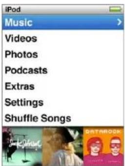 iPod, Music, Videos, Photos, Podcasts, Extras, Settings, Shuffle Songs