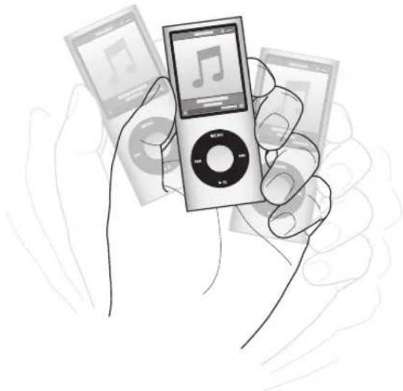 Illustration of a hand holding a small iPod device with musical notes, surrounded by other devices (no text or symbols visible).