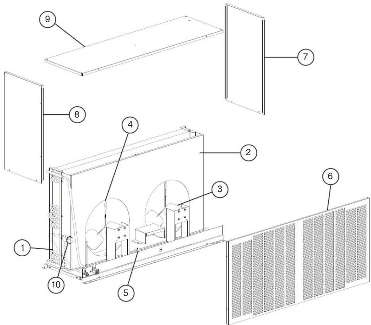 Technical diagram of an air conditioning unit with numbered components for identification and assembly reference.
