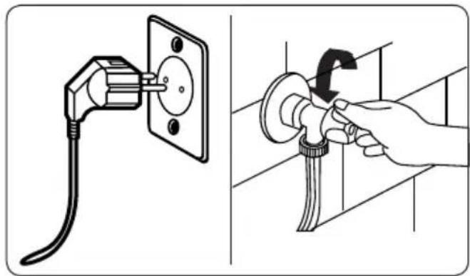 Illustration montrant une prise électrique murale et une main tenant un tuyau, sans texte ni symboles.