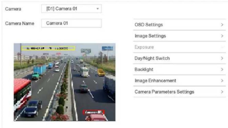 Camera [D1] Camera 01 Camera Name Camera 01 OSD Settings > Image Settings > Exposure Day/Night Switch > Backlight > Image Enhancement > Camera Parameters Settings >
