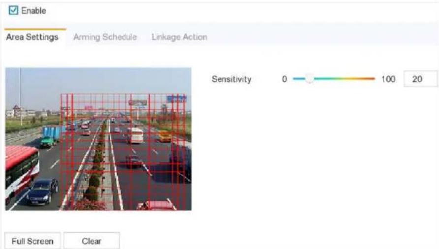 Enable Area Settings Arming Schedule Linkage Action Sensitivity 0 100 20 Full Screen Clear
