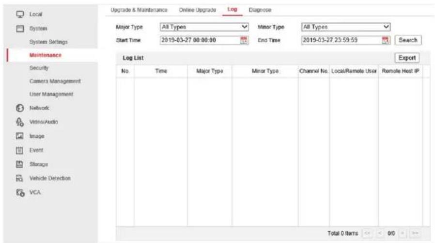 Local System System Settings Maintenance Security Camera Management User Management Network Video/Audio Image Event Storage Vehicle Detection VCA Upgrade & Maintenance Online Upgrade Log Diagnose Major Type All Types Minor Type All Types Start Time 2019-03-27 00:00:00 End Time 2019-03-27 23:59:59 Search Log List Export No. Time Major Type Minor Type Channel No. Local/Remote User Remote Host IP Total 0 Items < < 0/0 >>