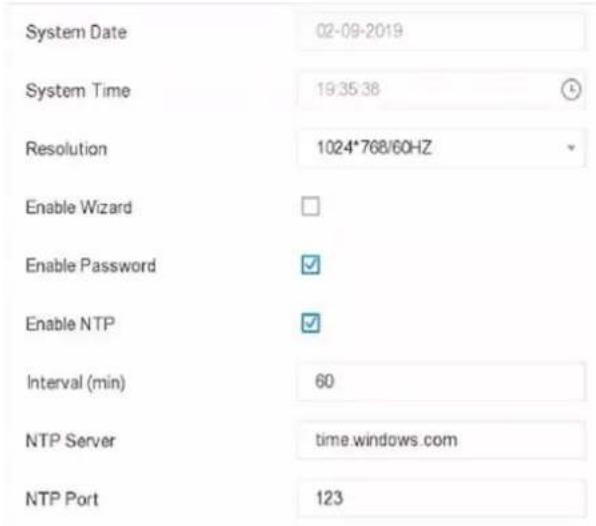 System Date 02-09-2019 System Time 19:35:38 Resolution 1024*768/60HZ Enable Wizard Enable Password Enable NTP Interval (min) 60 NTP Server time.windows.com NTP Port 123