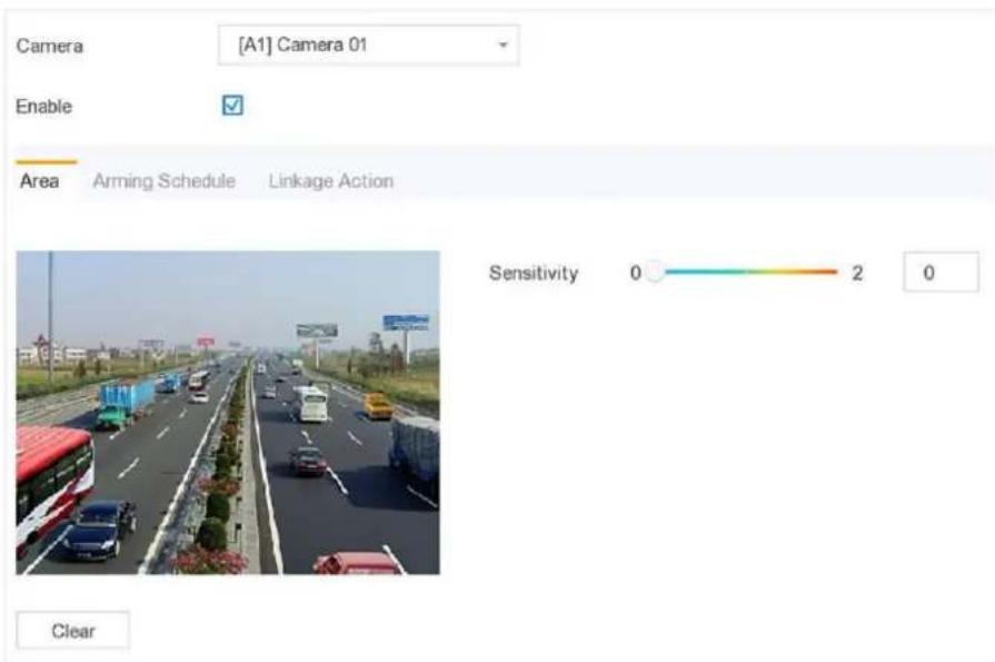 Camera [A1] Camera 01 Enable Area Arming Schedule Linkage Action Sensitivity 0 2 0 Clear