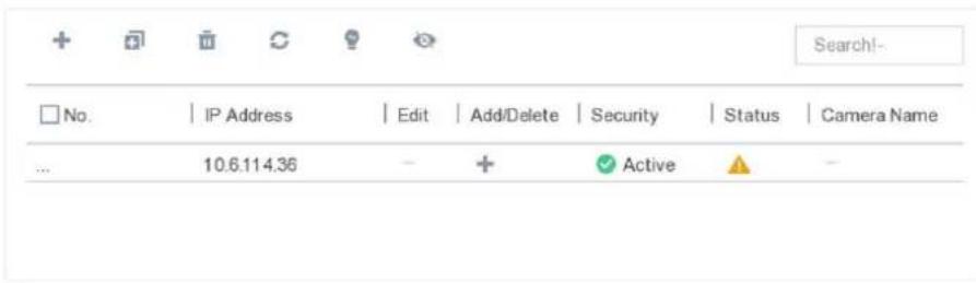 Search!- No. | IP Address | Edit | Add/Delete | Security | Status | Camera Name ... 10.6.114.36 - + Active -