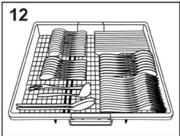 Line drawing of a tray with various food items including sliced vegetables, spoons, and a fork (no text or symbols)