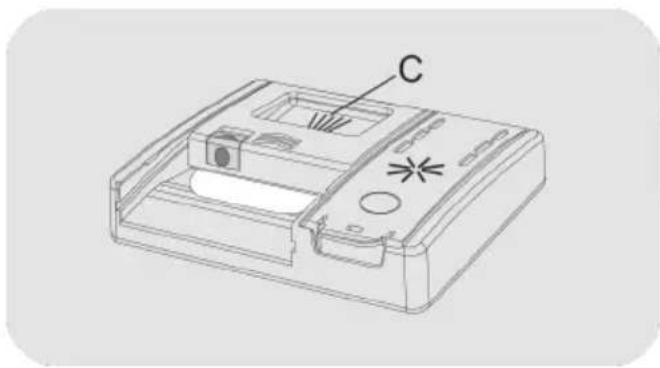 Technical line drawing of a device casing with labeled component C (no text or symbols beyond label)