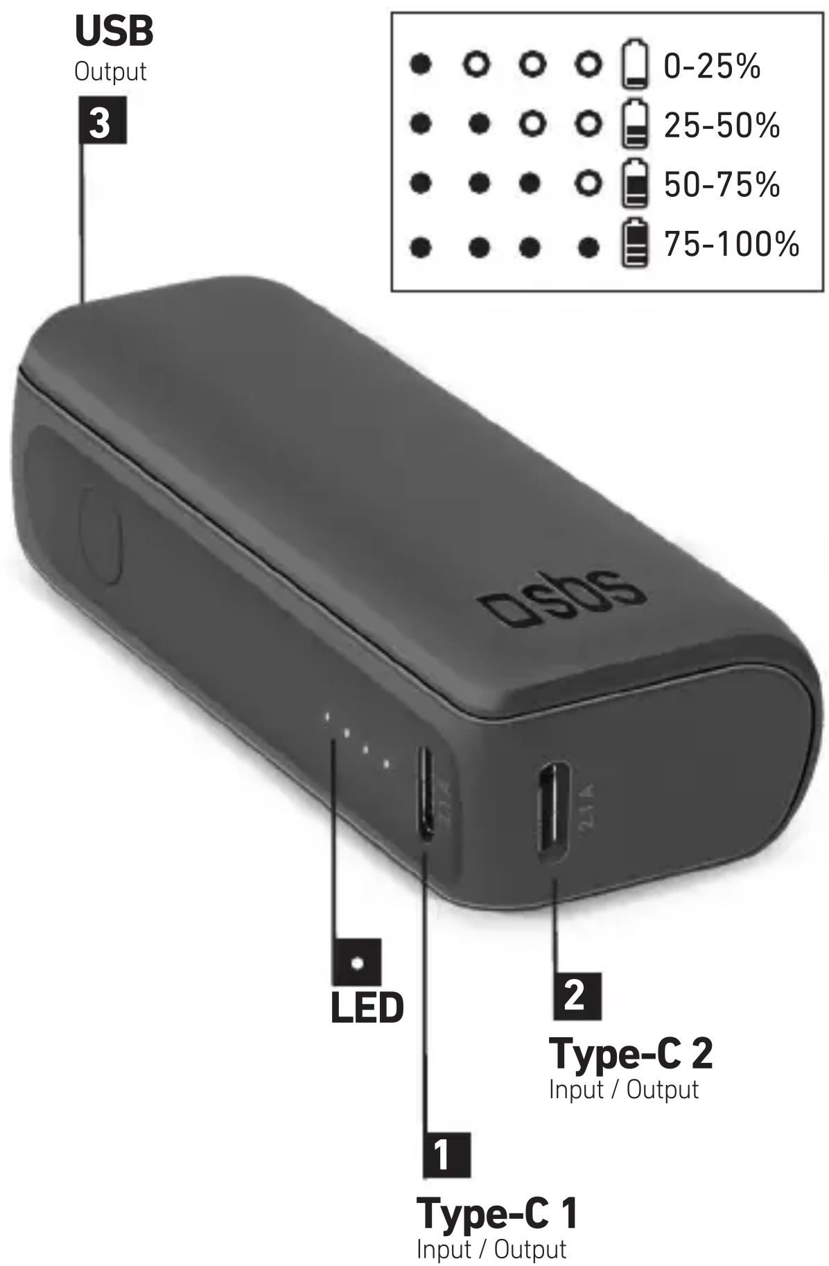 USB Output 3 0-25% 25-50% 50-75% 75-100% LED Type-C 2 Input / Output 1 Type-C 1 Input / Output