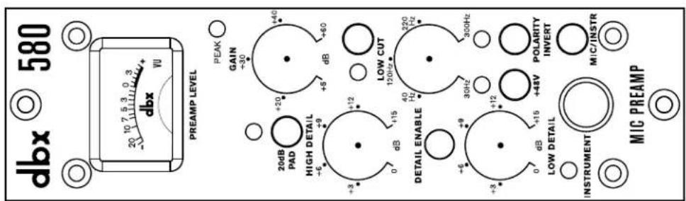 dbx 580 20 10 7 5 3 0 3 dbx VU PREAMP LEVEL PEAK GAIN +30 20dB PAD +20 +40 HIGH DETAIL +6 +9 +12 +5 dB +60 0 dB +15 LOW CUT 120Hz DETAIL ENABLE 40 Hz 220 Hz +6 +9 +12 30Hz 300Hz +3 +15 -48V POLARITY INVERT LOW DETAIL INSTRUMENT MIC PREAMP MIC/INSTR