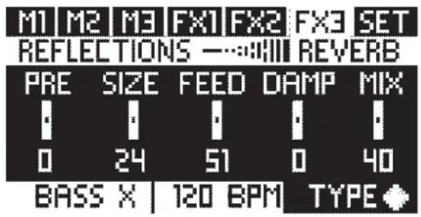 M1 M2 M3 FX1 FX2 FX3 SET REFLECTIONS —······ REVERB PRE SIZE FEED DAMP MIX 0 24 51 0 40 BASS X | 120 BPM TYPE ♦