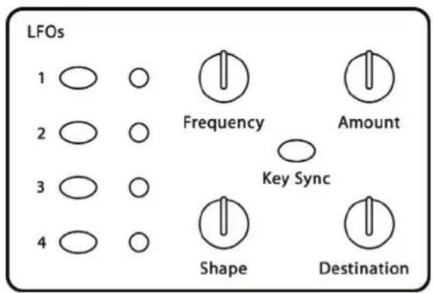 LFOs 1 ○ ○ 2 ○ ○ 3 ○ ○ 4 ○ ○ Frequency Key Sync Shape Amount Destination