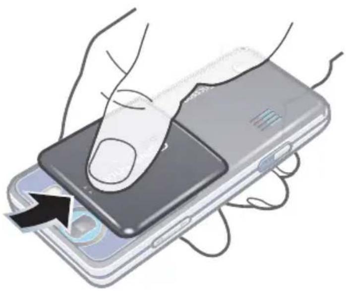 Illustration of a hand inserting a smartphone into a device, with a black arrow pointing to the device's base (no text or symbols present).