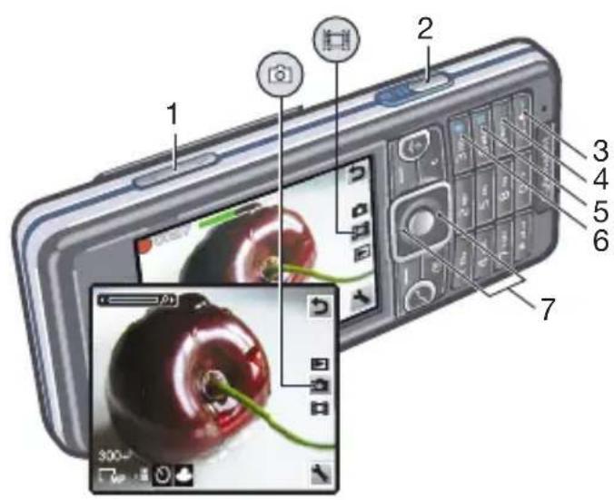 Diagram of a digital camera with numbered parts and an embedded close-up showing internal components like lens, screen, and camera interface.