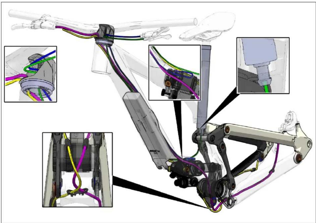Technical illustration of a robotic arm with colored wires and mechanical components, shown from multiple angles (no text or symbols present)