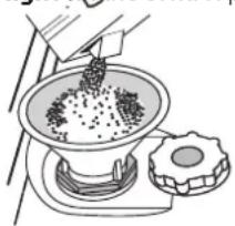Illustration of a hand pouring granular material into a bowl on a stand, with a separate gear-like object nearby (no text or symbols)