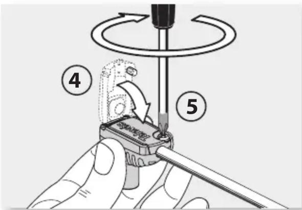 Diagram showing a hand using a tool to adjust a screwdriver, labeled with parts 4 and 5.