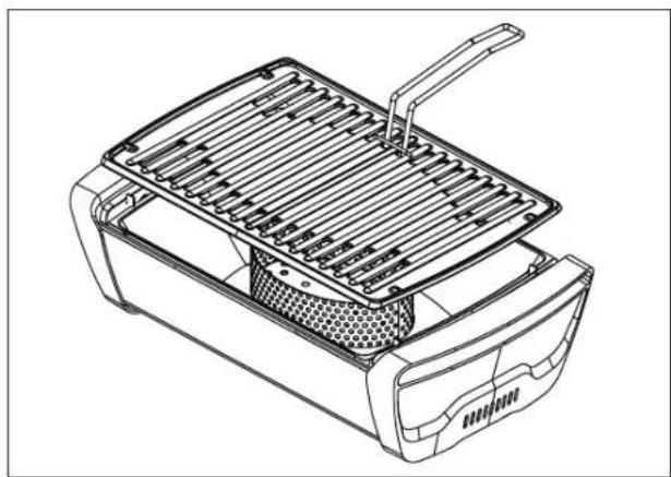 Line drawing of a grating machine with handle and mesh cover (no text or symbols)