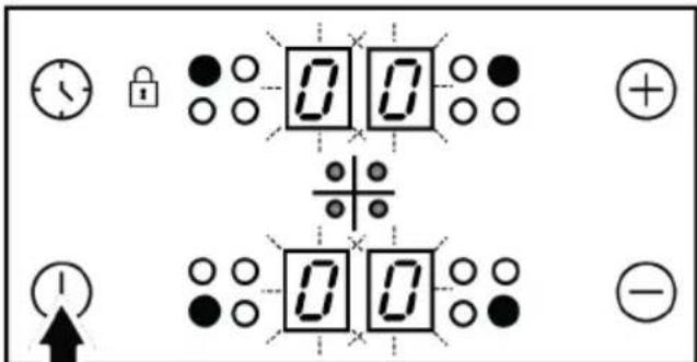 Digital display panel with clock, lock, and numeric keypad symbols and control buttons.