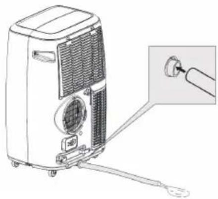 Line drawing of an air conditioner unit with a close-up inset showing the internal component (no text or symbols)