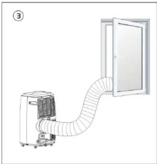 Diagram of a portable air conditioner unit connected to a door via tubing (no text or symbols)