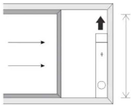 Diagram showing airflow direction and height measurement between a rectangular chamber with an upward arrow and a vertical panel (no text or symbols)