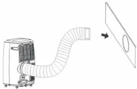 Line drawing of an air conditioner unit connected to a panel with airflow direction arrow, no text or symbols.