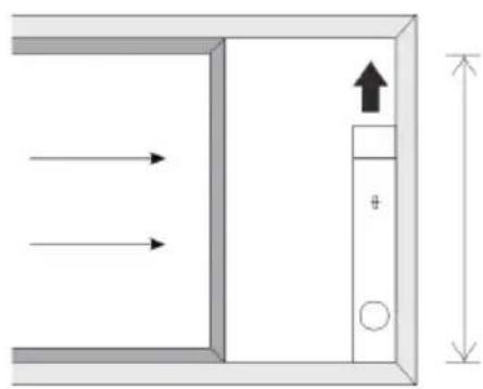Diagram of a room with directional arrows and a vertical panel, no text or symbols present.