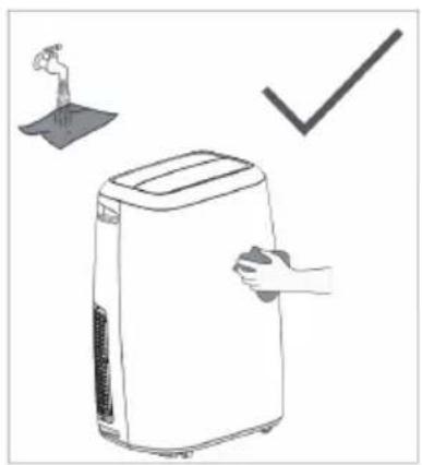 Illustration of a portable air purifier with a hand holding a cloth, next to a checkmark, no text or symbols.