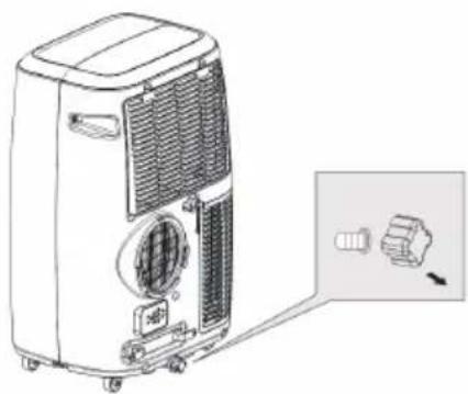 Line drawing of a portable air conditioner unit with a close-up inset showing a connector, no text or symbols.