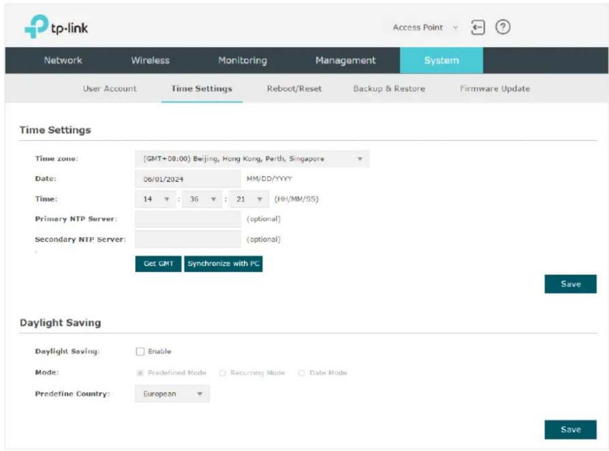 tp-link Network Wireless Monitoring Management System User Account Time Settings Reboot/Reset Backup & Restore Firmware Update Time Settings Time zone: (GMT+08:00) Beijing, Hong Kong, Perth, Singapore Date: 06/01/2024 MM/DD/YYYY Time: 14 : 36 : 21 (HH/MM/SS) Primary NTP Server: (optional) Secondary…