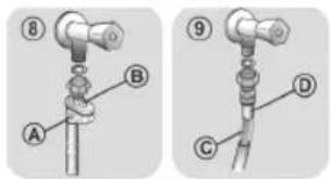 Technical diagram showing two configurations (8 and 9) of a mechanical assembly with labeled parts A, B, C, D.