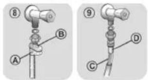 Technical diagram showing two labeled mechanical components with parts A, B, C, D and numbered 8 and 9.