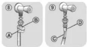 Technical diagram showing two configurations (8 and 9) of a mechanical assembly with labeled parts A, B, C, D.