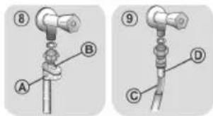 Technical diagram showing two labeled mechanical components (A, B, C, D) with numbered parts and connection points.