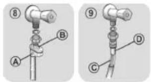 Technical diagram showing two labeled mechanical components (A, B, C, D) with numbered parts and assembly details.