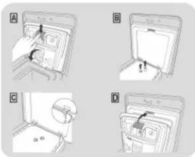 Illustration showing four steps of inserting a device into a folder, labeled A to D with arrows indicating insertion.